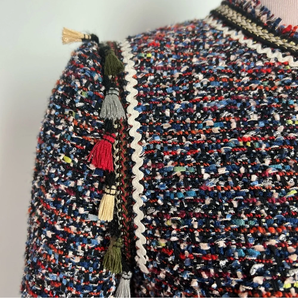 Zara Woman Tweed Blazer Jacket Small Multicolor Parisian Chic Tassel Fringe Pom - Picture 3 of 15